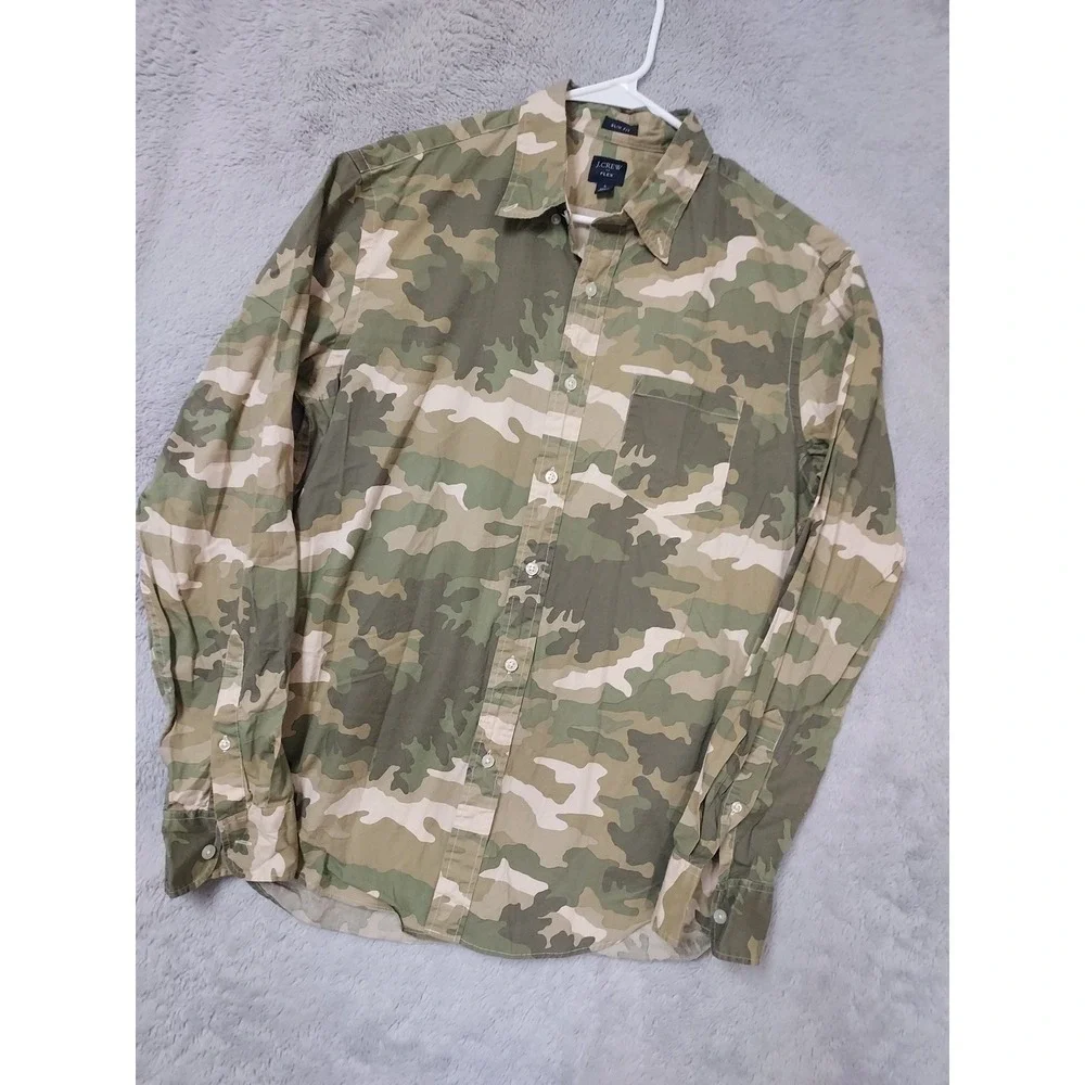 J Crew Shirt Mens Large Slim Fit Flex Camo Green Stretch Oxford Green Hunting L